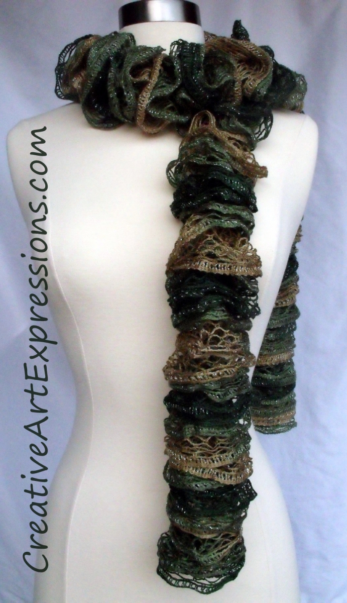 Creative Art Expressions Hand Knit Green & Tan Ruffle Scarf